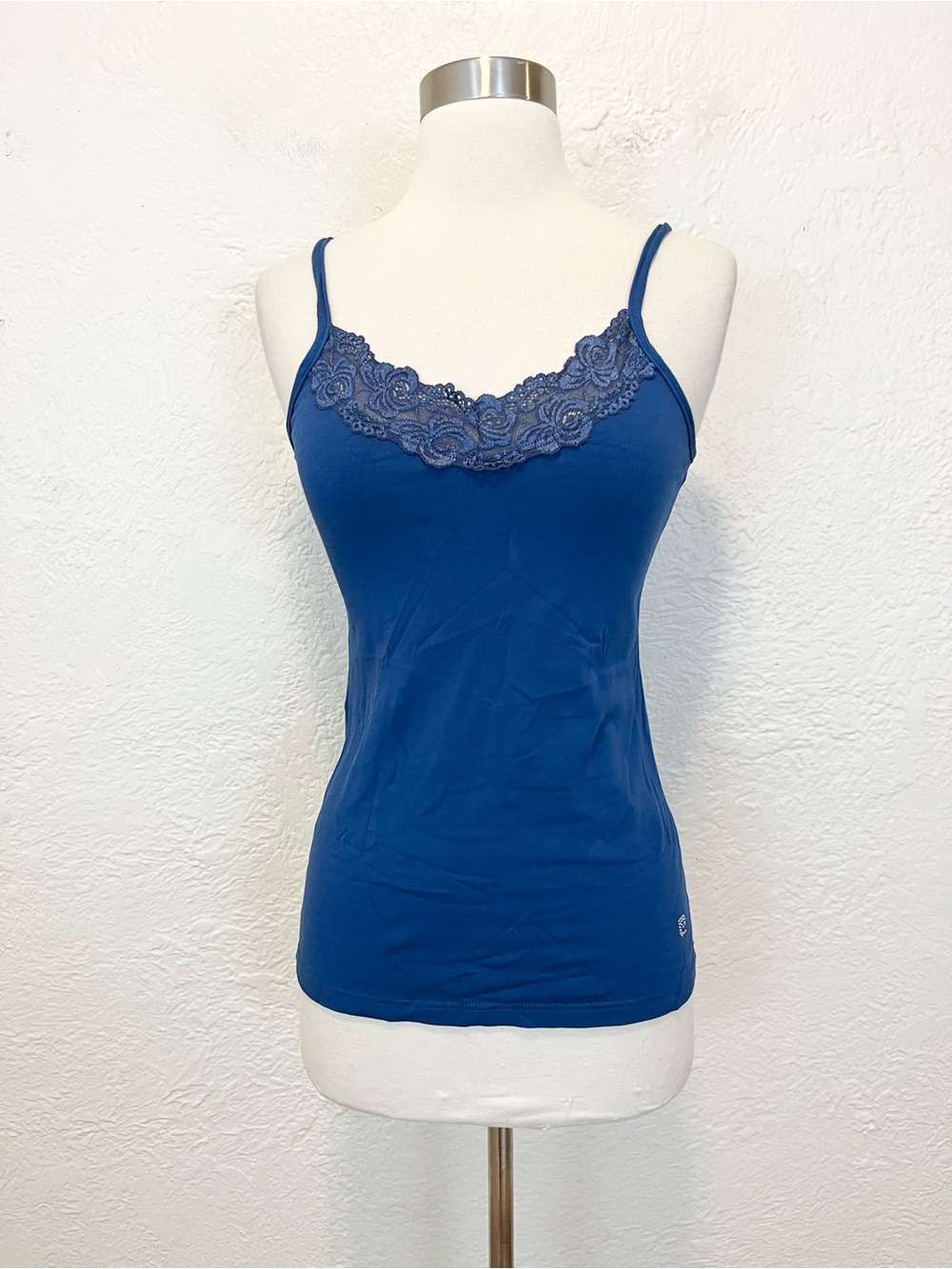 Vintage Y2K 90s Pierre Cardin Cami Top Tank Blue Jewel Toned Lace Trim Medium M